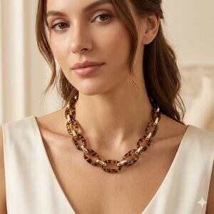 Brown Leopard Print Oval Acrylic Card Necklace With KC Gold Plated Alloy